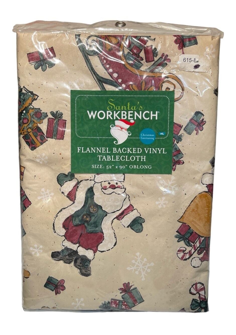 Vintage Santa's Workbench Vinyl Flannel Back Tablecloth 52" x 90" Oblong Retro